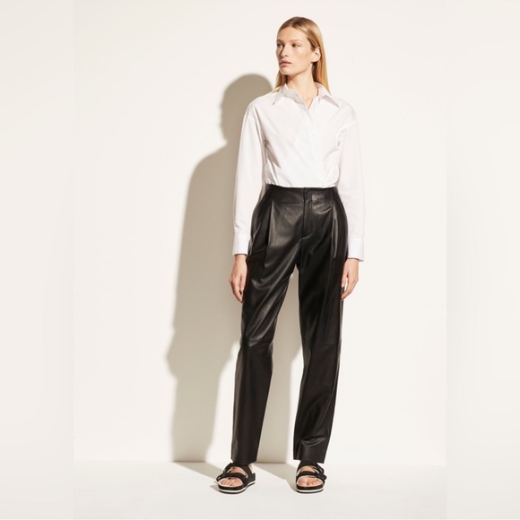 Vince Pants - Vince‎ Black Leather Pleat Tapered Pants